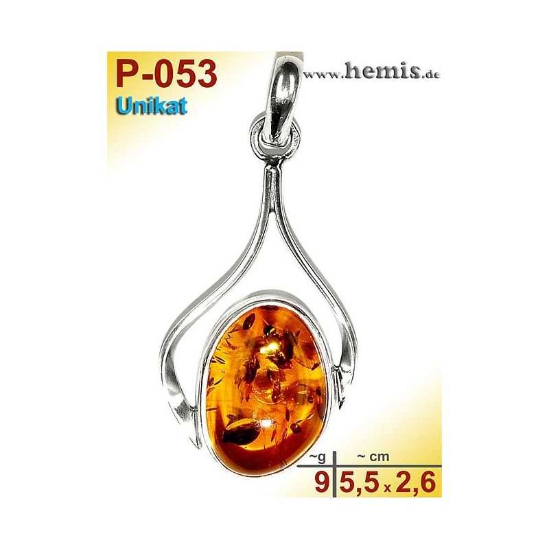 P-053 Amber Pendant, silver-925 Color: cognac Unique, Oval, 