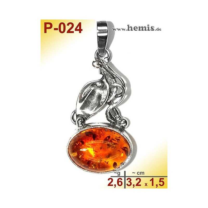 P-024 Amber Pendant, silver-925 Color: cognac Oval, rustic