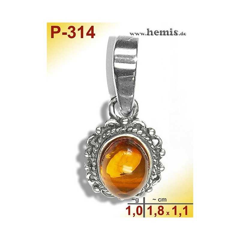 P-314 Amber Pendant, silver-925 Color: cognac oval, rustic