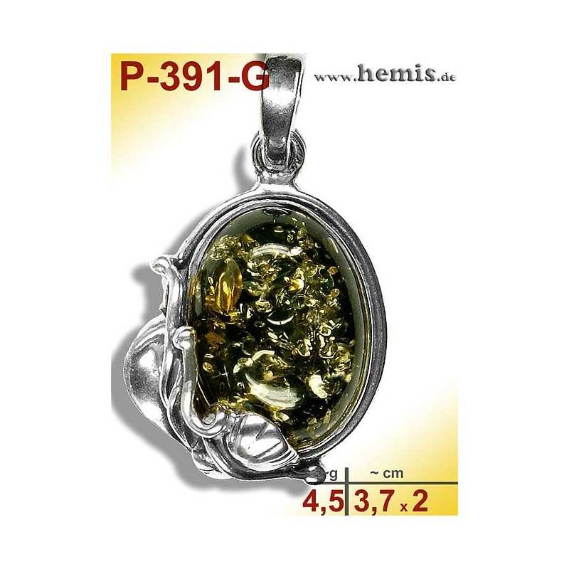 P-391-G Amber Pendant, silver-925 Color: green, oval, rustic