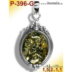 P-396-G Amber Pendant, silver-925 Color: green, oval, rustic
