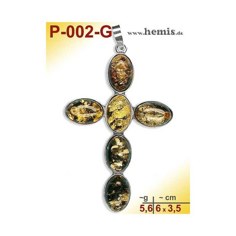 P-002-G Amber Pendant, silver-925 green, cross, modern