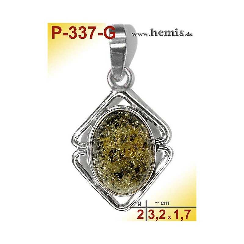 P-337-G Amber Pendant, silver-925 green, oval, S, modern