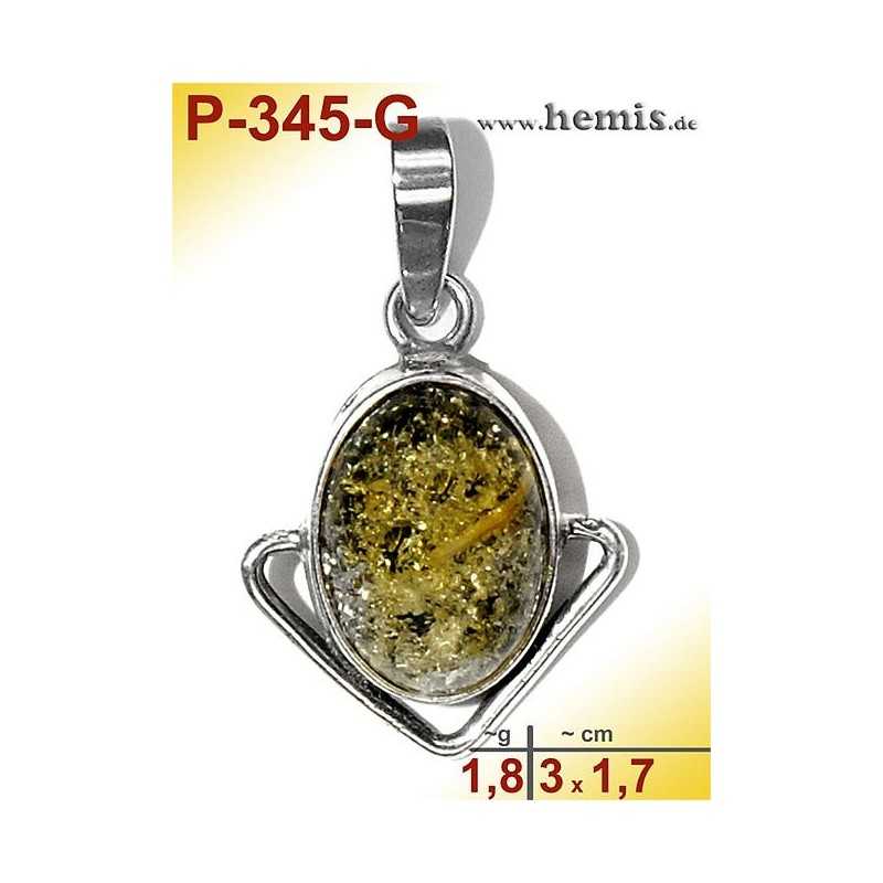 P-345-G Amber Pendant, silver-925 green, oval, S, modern