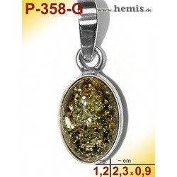 P-358-G Amber Pendant, silver-925 green, oval, S, modern
