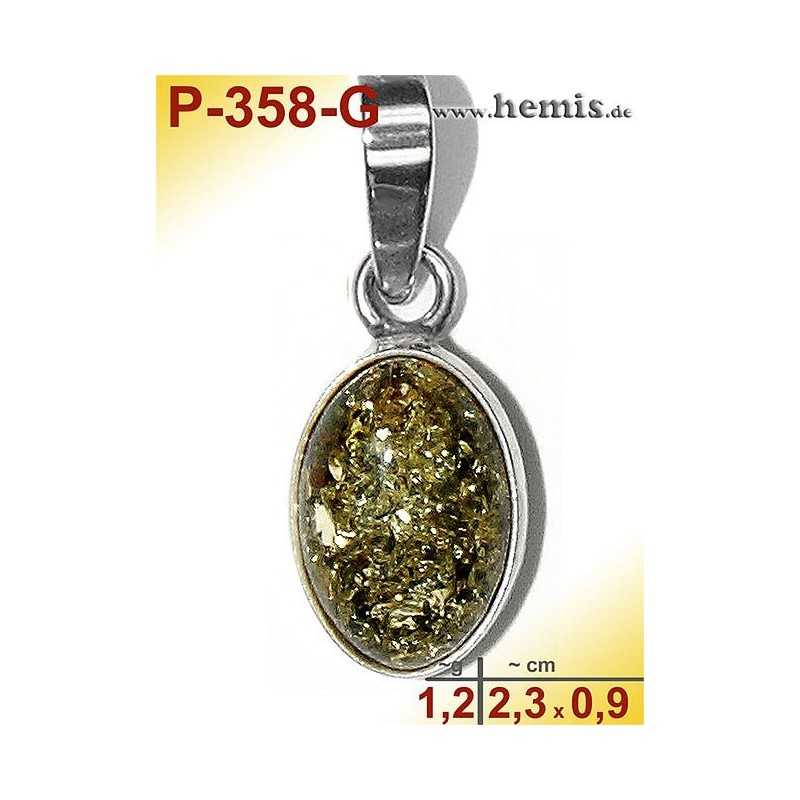 P-358-G Amber Pendant, silver-925 green, oval, S, modern