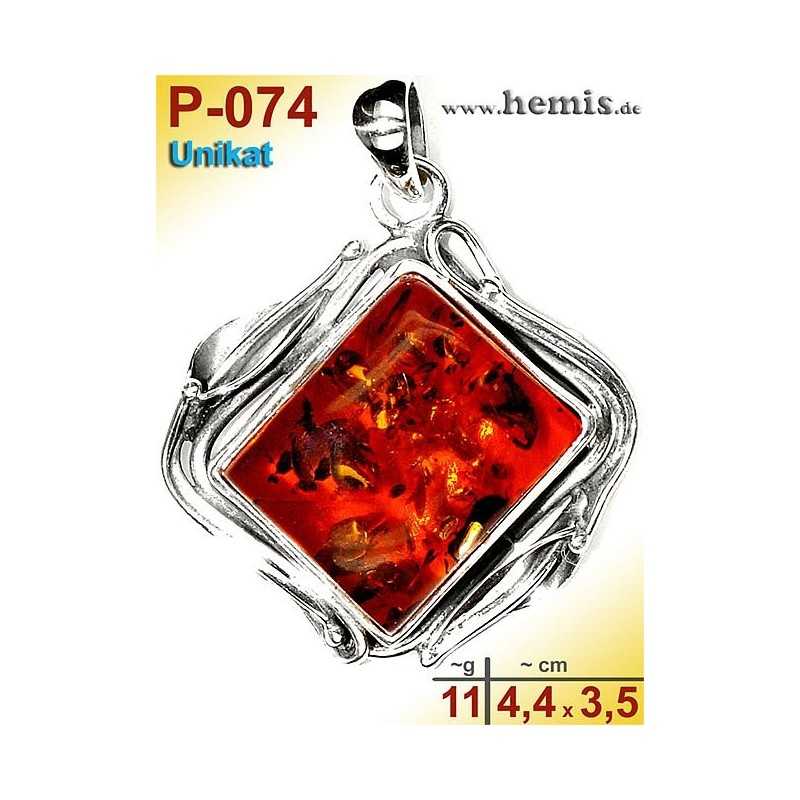 P-074 Amber Pendant, silver-925, cognac, unique, angular, M,