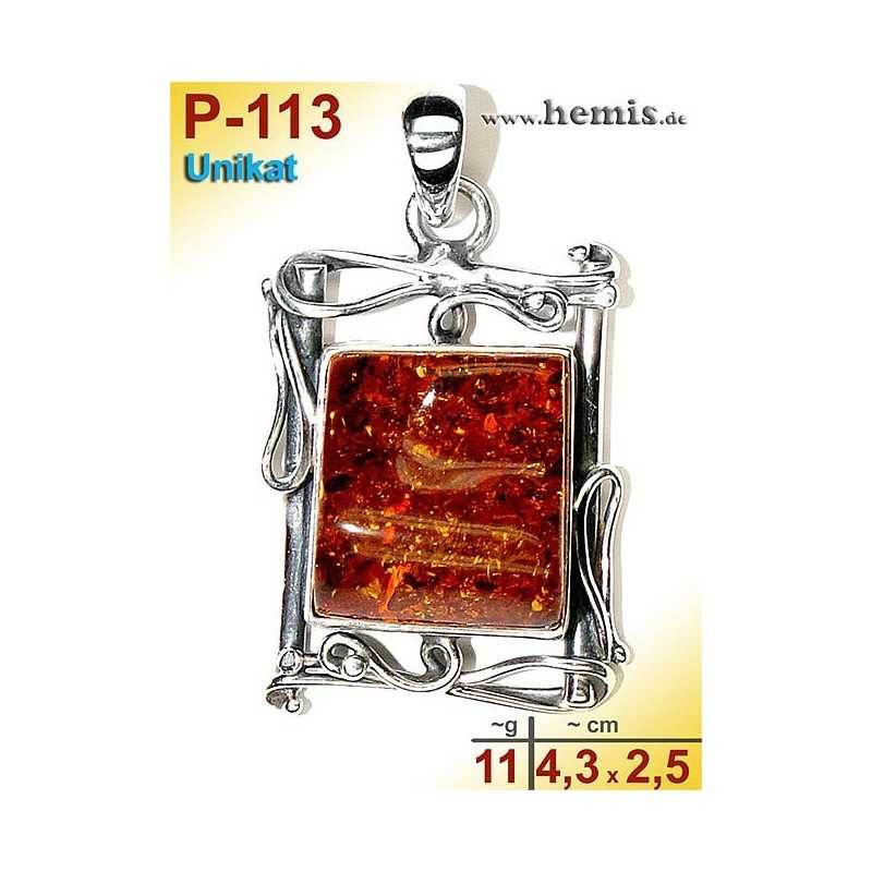 P-113 Amber Pendant, silver-925, cognac, unique, angular, M, 