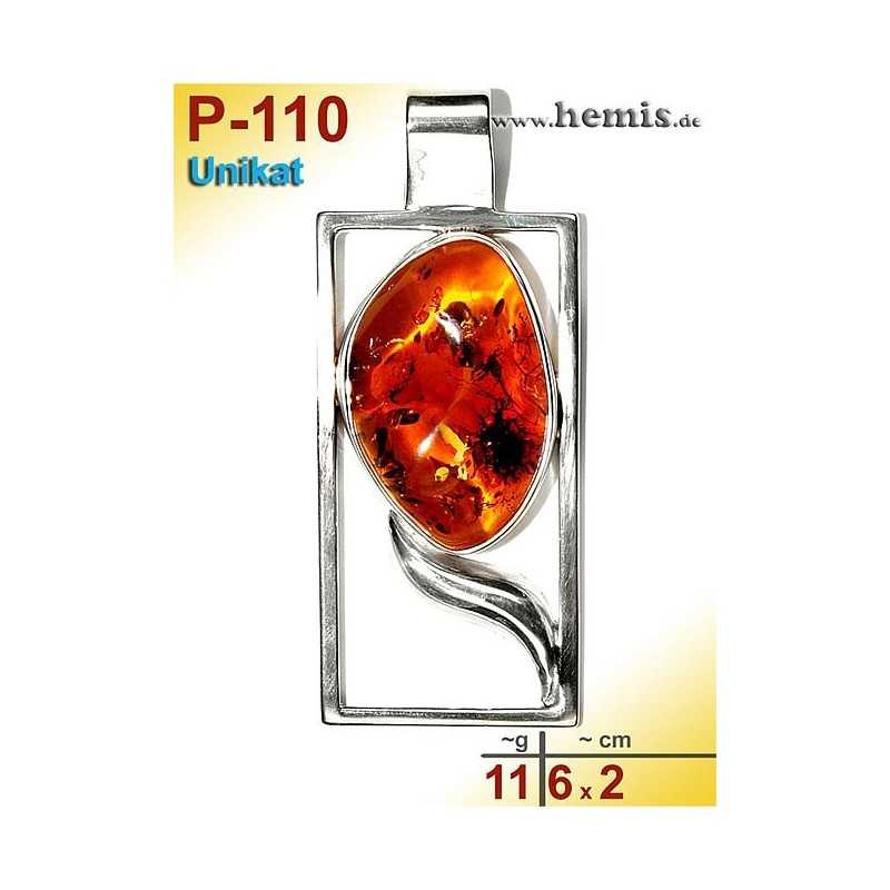 P-110 Amber Pendant, silver-925, cognac, unique, angular, L, 