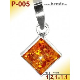 P-005 Amber Pendant, silver-925, cognac, angular, XS, modern