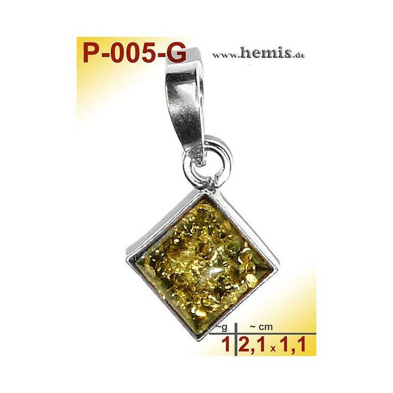 P-005-G Amber Pendant, silver-925, green, angular, XS, modern