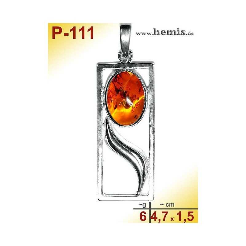P-111 Amber Pendant, silver-925, cognac, angular, M, modern