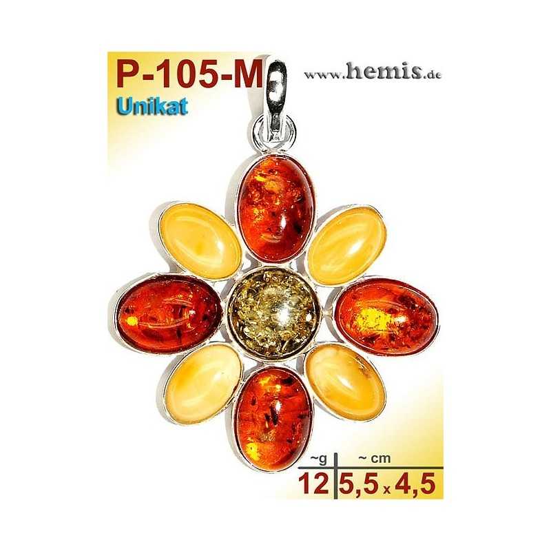 P-105-M Amber Pendant, silver-925, multicolor, unique, flower, M