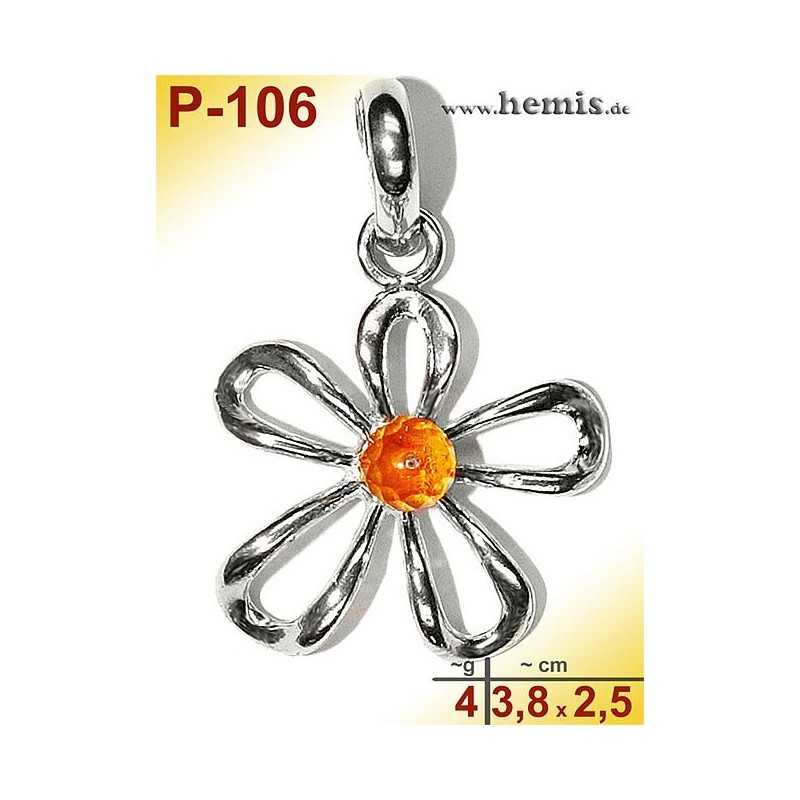 P-106 Amber Pendant, silver-925, cognac, flower, M, modern