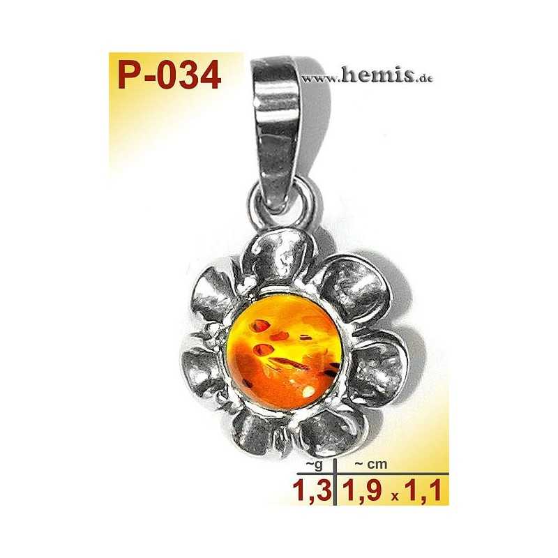 P-034 Amber Pendant, silver-925, cognac, flower, S, modern