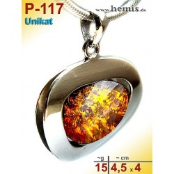 P-117 Amber Pendant, silver-925, cognac, unique, L, modern