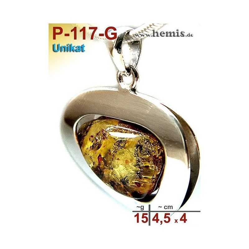 P-117-G Amber Pendant, silver-925, green, unique, L, modern