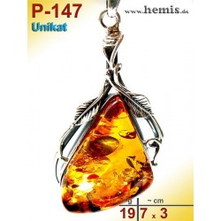 P-147 Amber Pendant, silver-925, cognac, unique, M, Leaf Decor