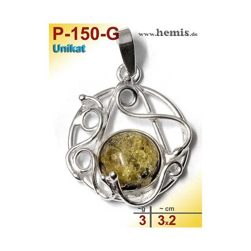 P-150-G Amber Pendant, silver-925, green, unique, S, playful