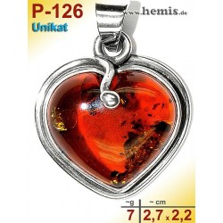 P-126 Amber Pendant, silver-925, cognac, unique, S, heart
