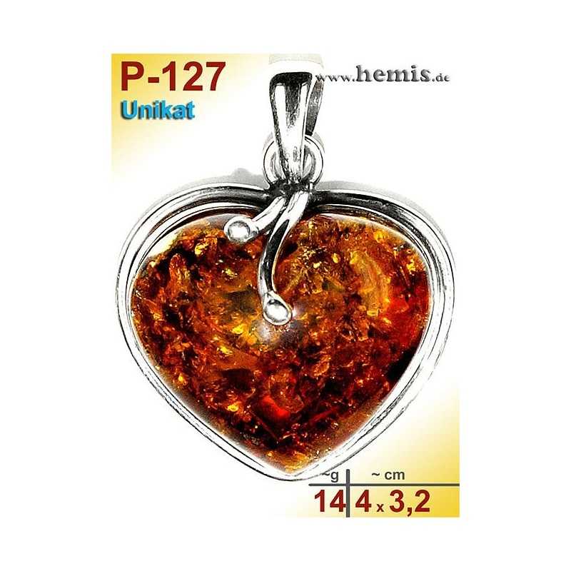 P-127 Amber Pendant, silver-925, cognac, unique, M, heart