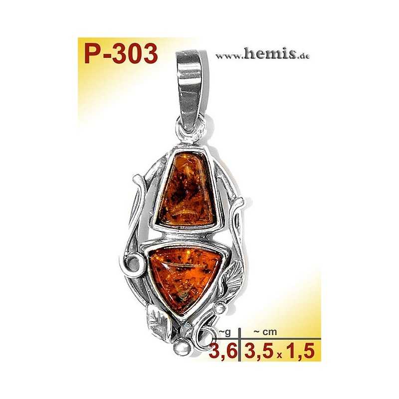 P-303 Amber Pendant, silver-925, cognac, M, Leaf Decor