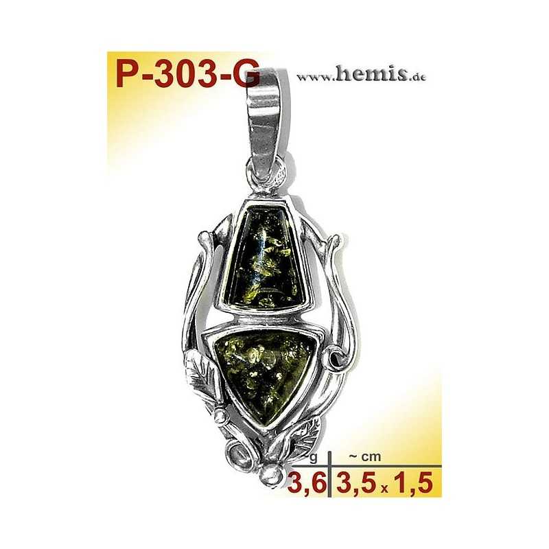 P-303-G Amber Pendant, silver-925, green, M, Leaf Decor