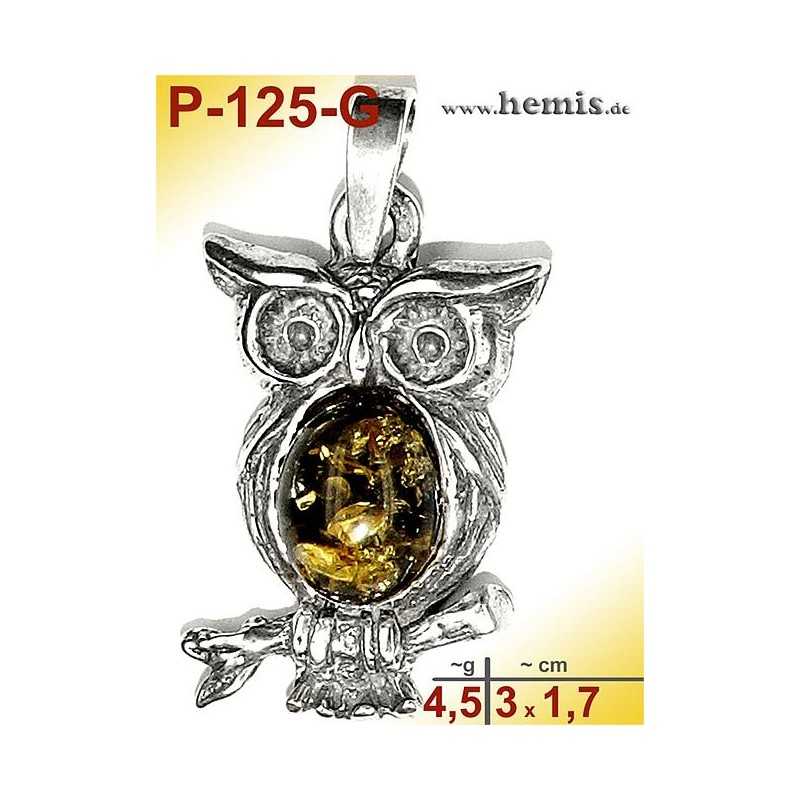 P-125-G Amber Pendant, silver-925, green, S, Owl