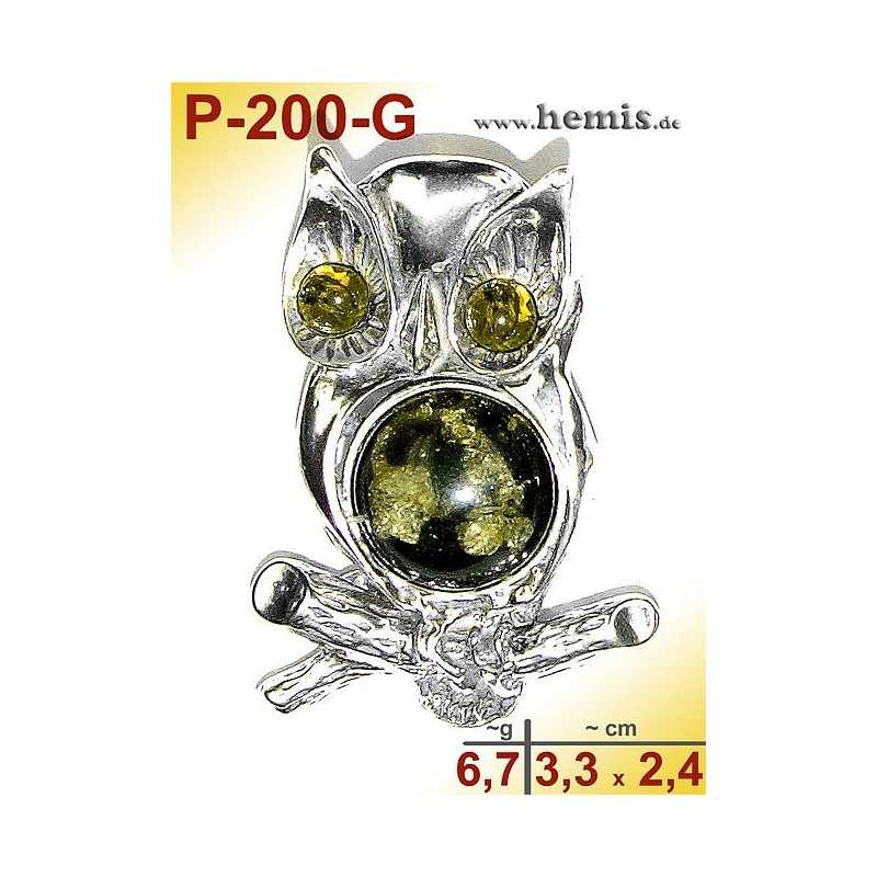 P-200-G Amber Pendant, silver-925, green, M, Owl