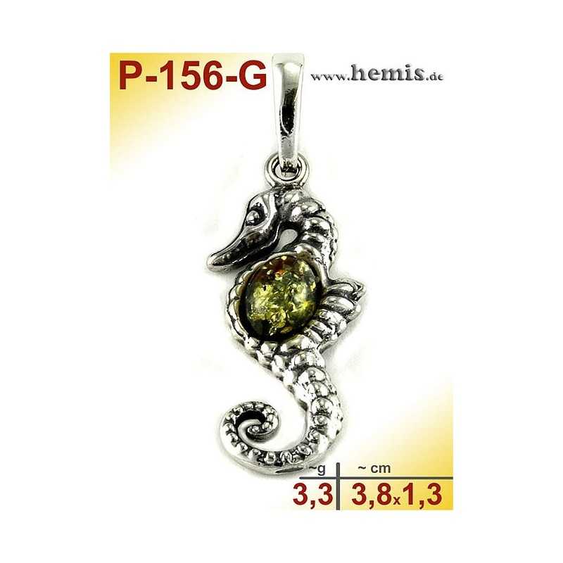 P-156-G Amber Pendant, silver-925, green, M, Sea horse, modern
