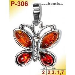 P-306 Amber Pendant, silver-925, cognac, S, butterfly