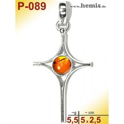 P-089 Amber Pendant, silver-925 cognac, cross, modern