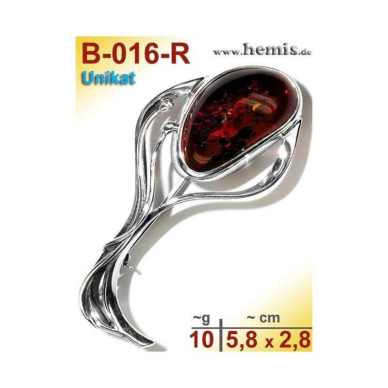 B-016-R Amber Brooch, silver-925, red, unique, M, modern