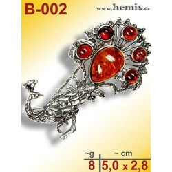 B-002 Bernstein-Brosche Silber-925, cognac,, M, Pfau, modern 