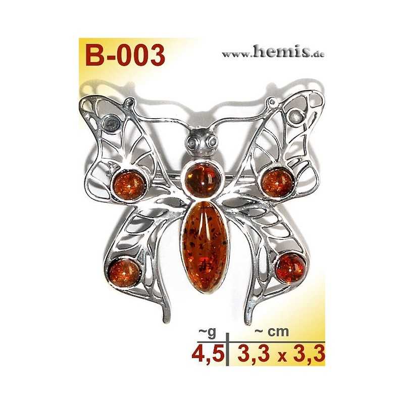 B-003 Amber Brooch, silver-925, cognac, M, Butterfly, modern 