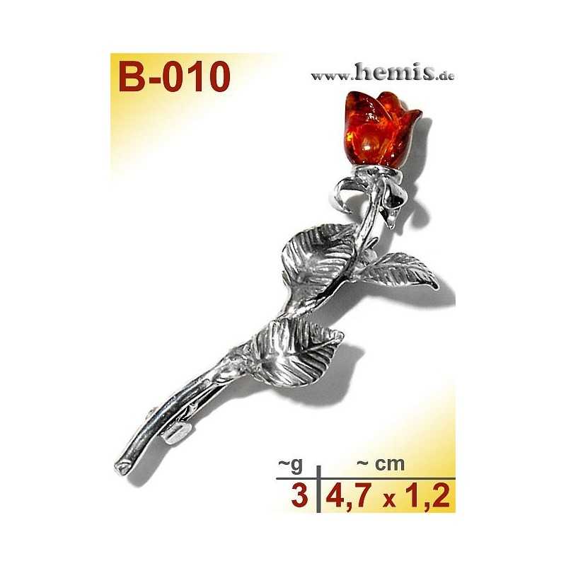 B-010 Amber Brooch, silver-925, cognac, S, flower, rose