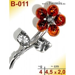 B-011 Amber Brooch, silver-925, cognac, S, flower, 