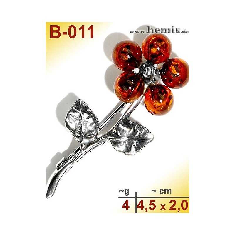 B-011 Amber Brooch, silver-925, cognac, S, flower, 