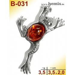 B-031 Amber Brooch, silver-925, cognac, S, frog, modern