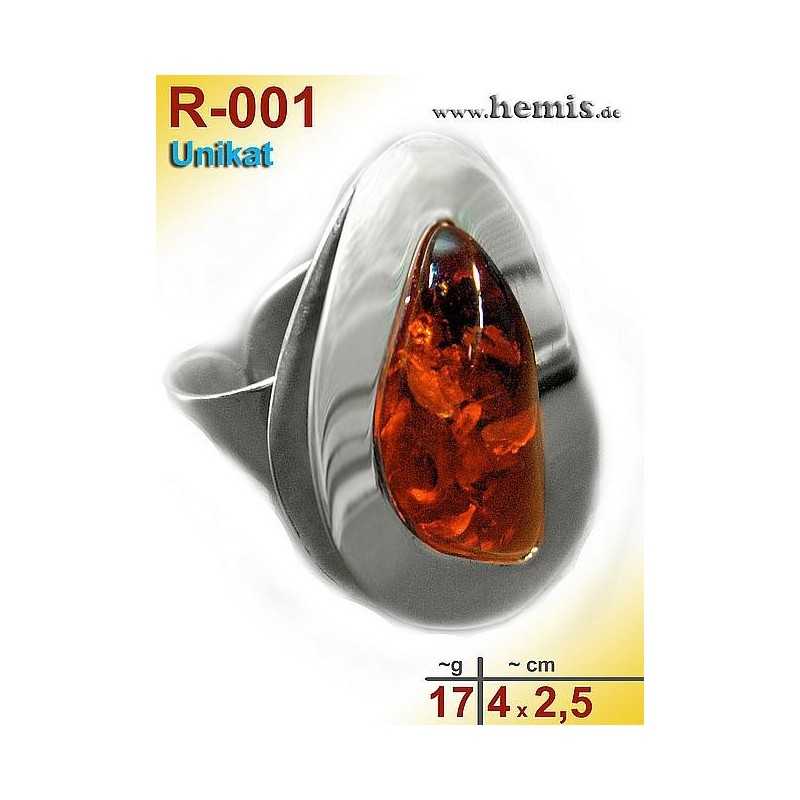 R-001 Bernstein-Ring Silber-925, cognac, Unikat, L, modern, vers R-001 Bernstein-Ring Silber-925, cognac, Unikat, L, modern, vers