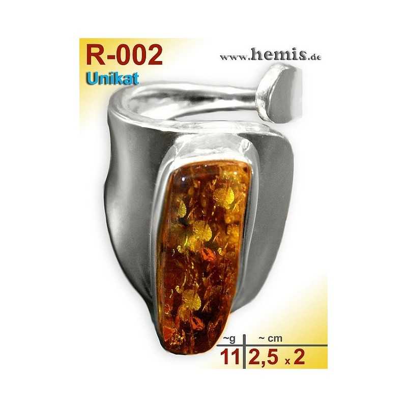 R-002 Amber Ring, silver-925, cognac, unique, M, modern, adjusta