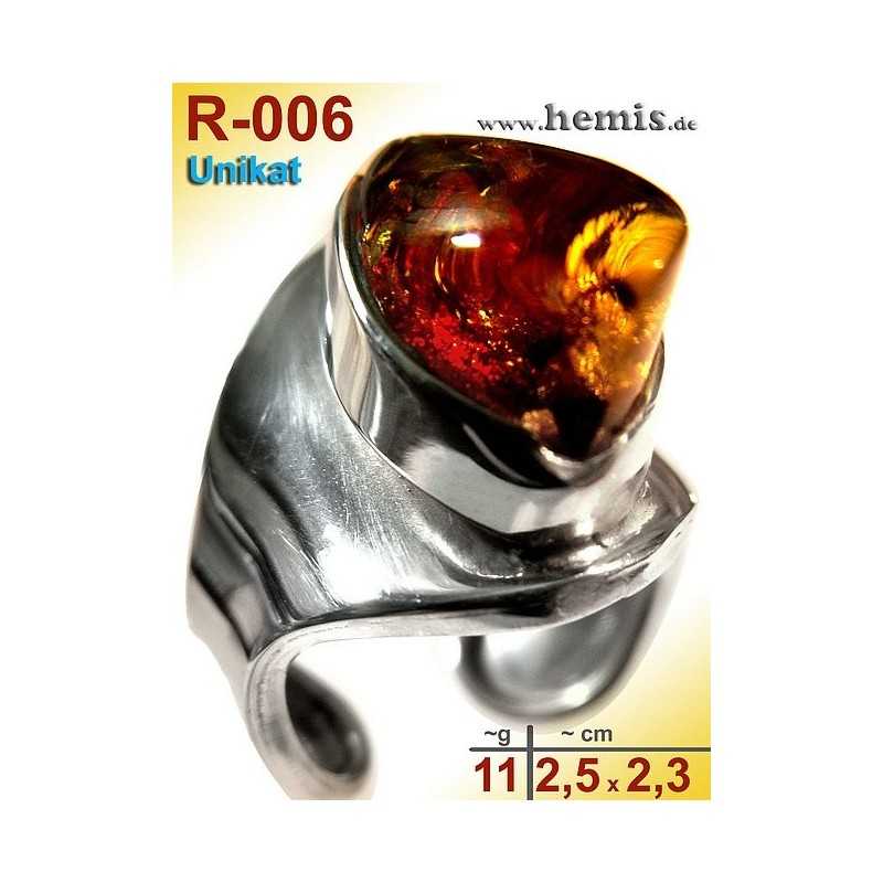 R-006 Amber Ring, silver-925, cognac, unique, M, modern, adjusta