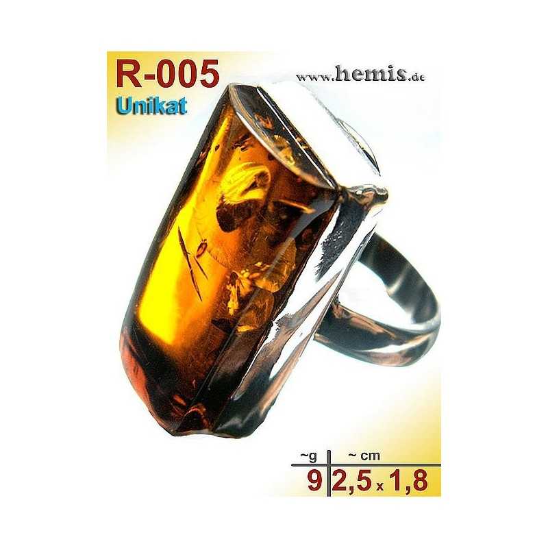 R-005 Amber Ring, silver-925, cognac, unique, M, modern, angular