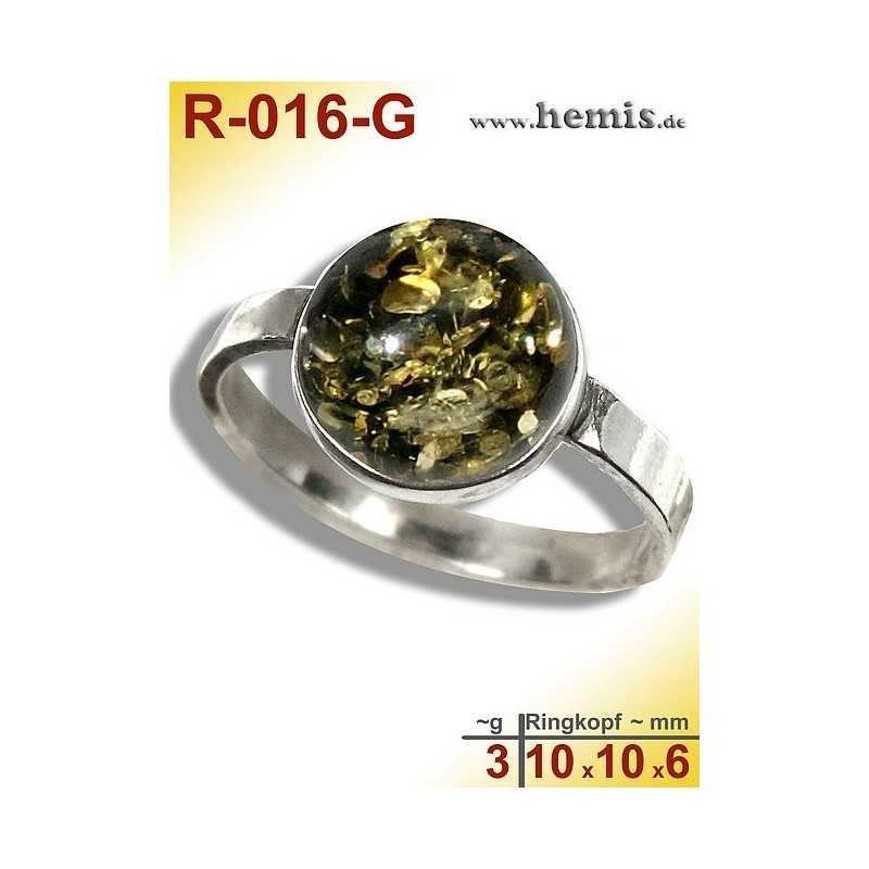 R-016-G Amber Ring, silver-925, green, S, modern, round