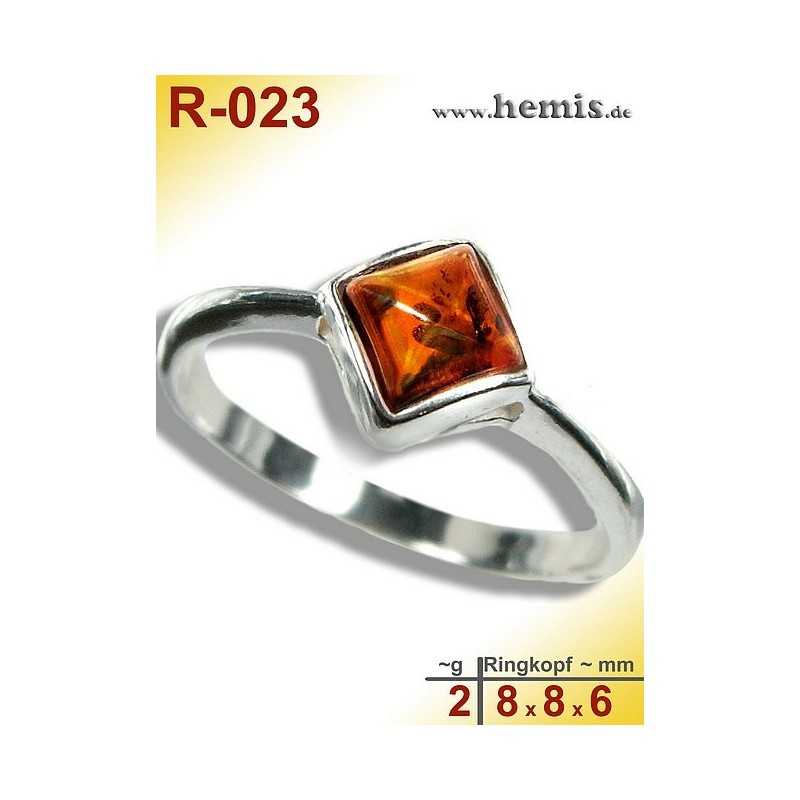 R-023 Amber Ring, silver-925, cognac, XS, modern, angular
