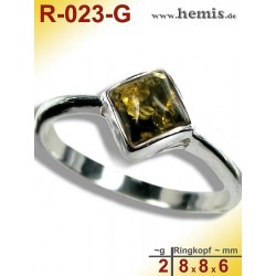 R-023-G Amber Ring, silver-925, green, XS, modern, angular