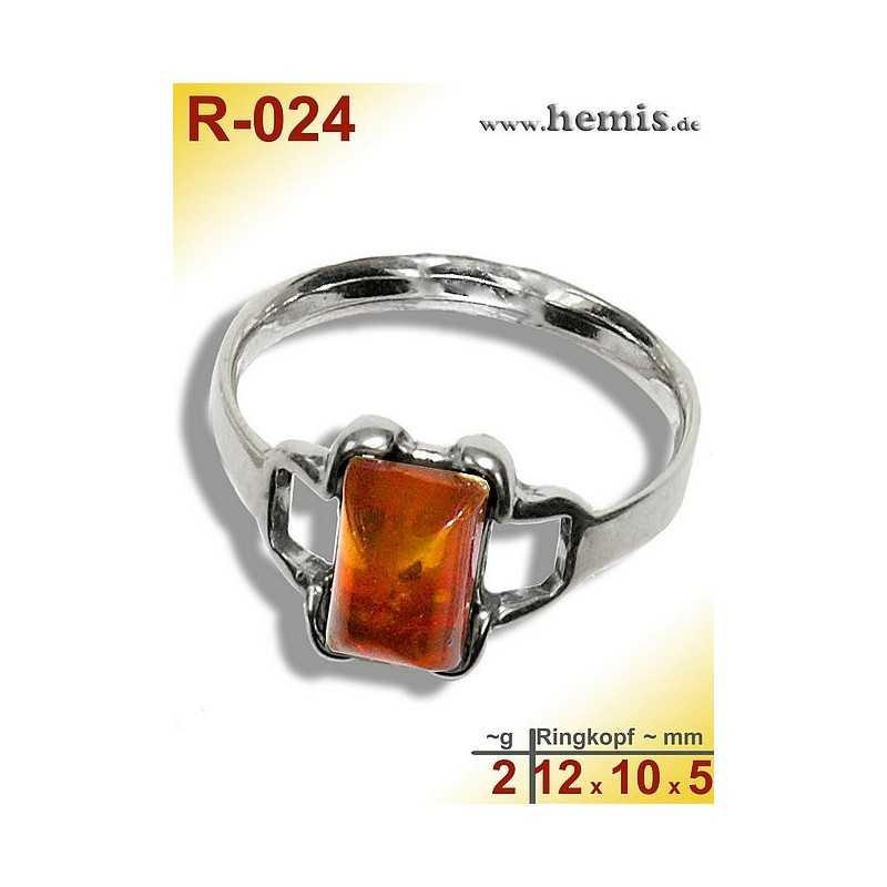 R-024 Amber Ring, silver-925, cognac, XS, modern, angular
