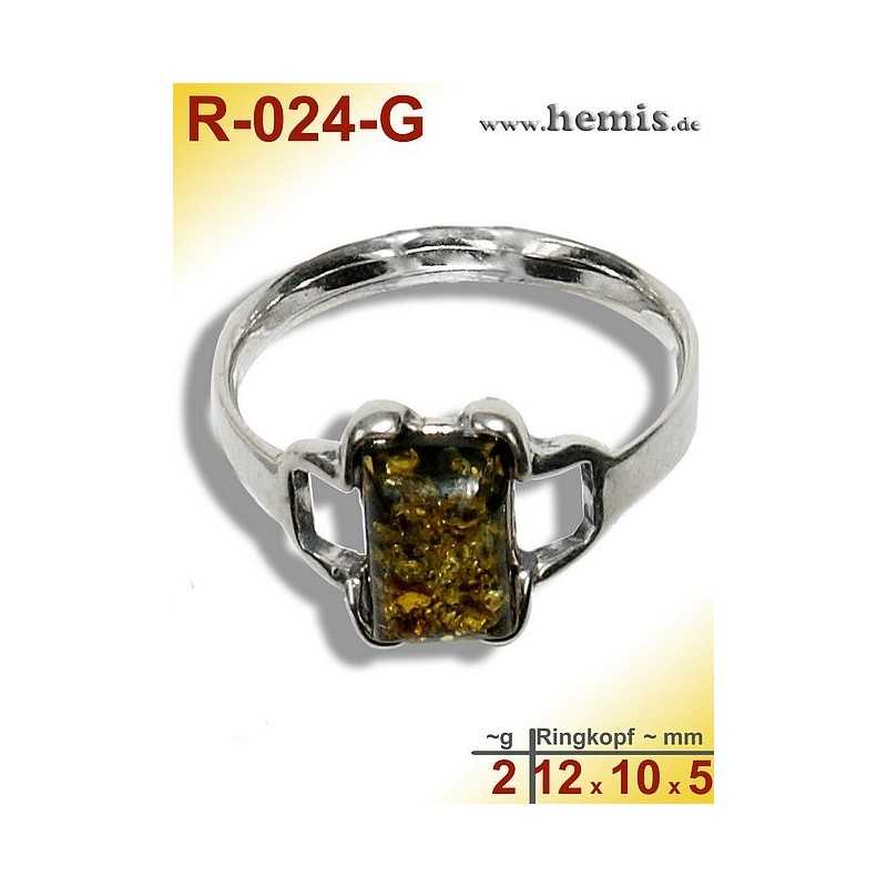 R-024-G Amber Ring, silver-925, green, XS, modern, angular
