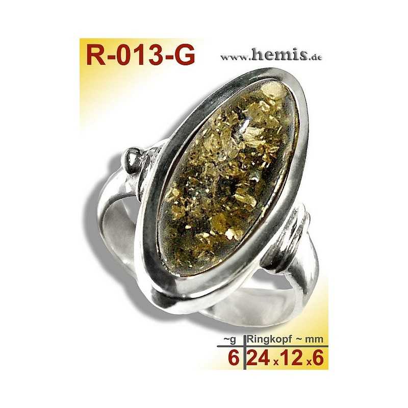 R-013-G Amber Ring, silver-925, green, M, modern, flat