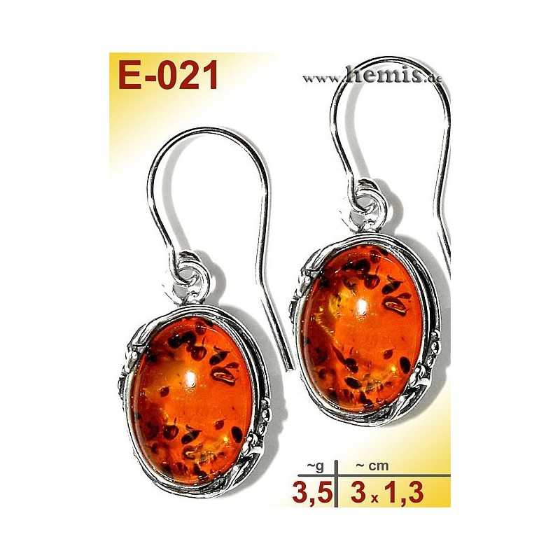 E-021 Amber Earrings, silver-925, cognac, M, oval, rustic, Leaf